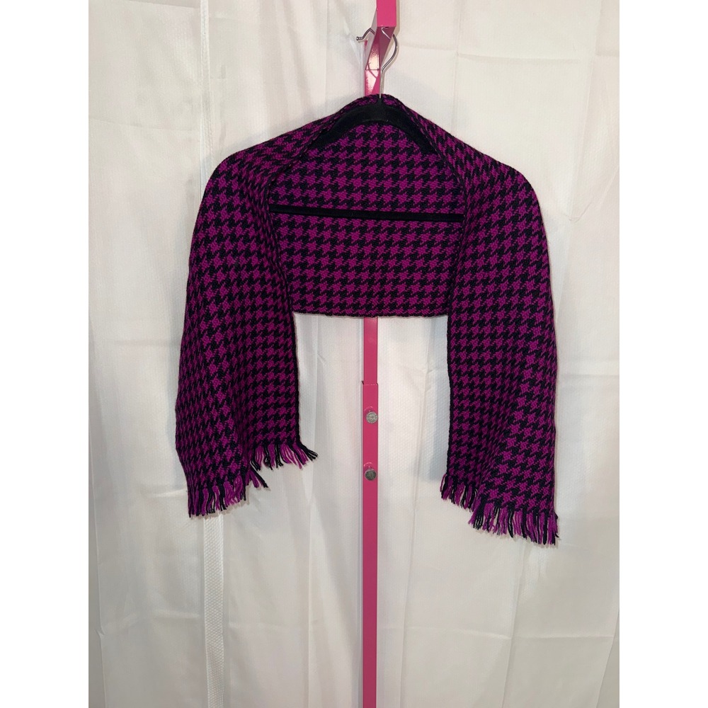 Anne Klein Houndstooth‎ Bolero Shrug Scarf Purple Black Fringe Wool Blend